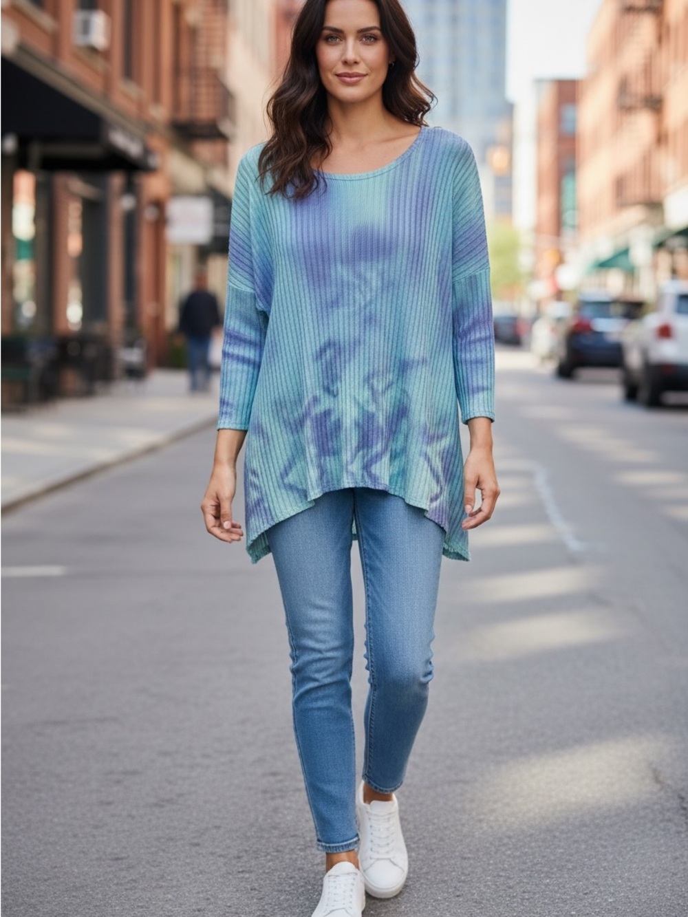 Westbound Blue and Teal Tie-Dye Ribbed Tunic Top